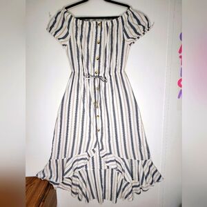 off-shoulder midi dress asymmetrical ruffle vertical lines, large, cotton blend.